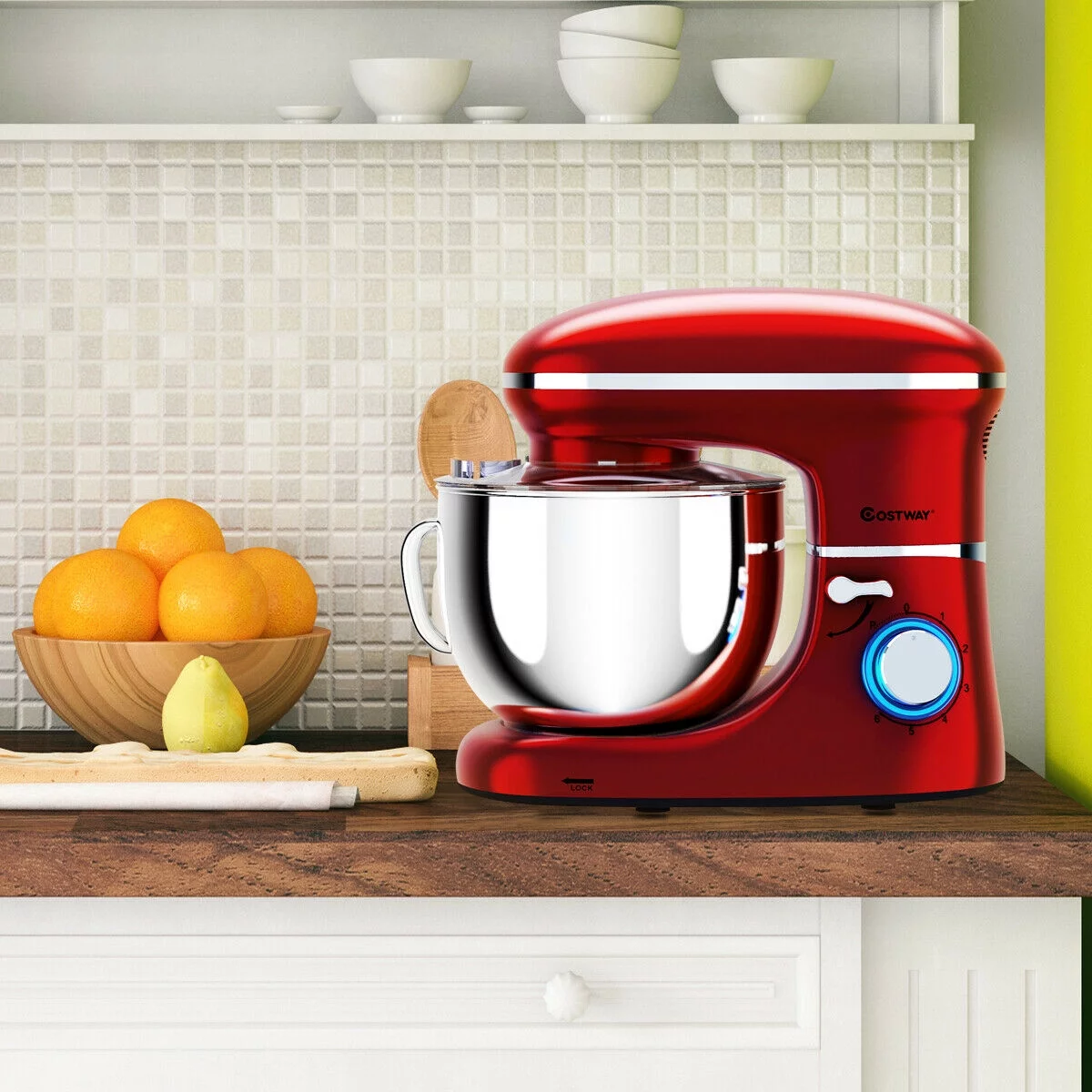 Batedeira de pedestal Costway de 6 velocidades, 660 W, com gancho para massa e batedor de arame, 6,3 qt (6,3 litros), branca.