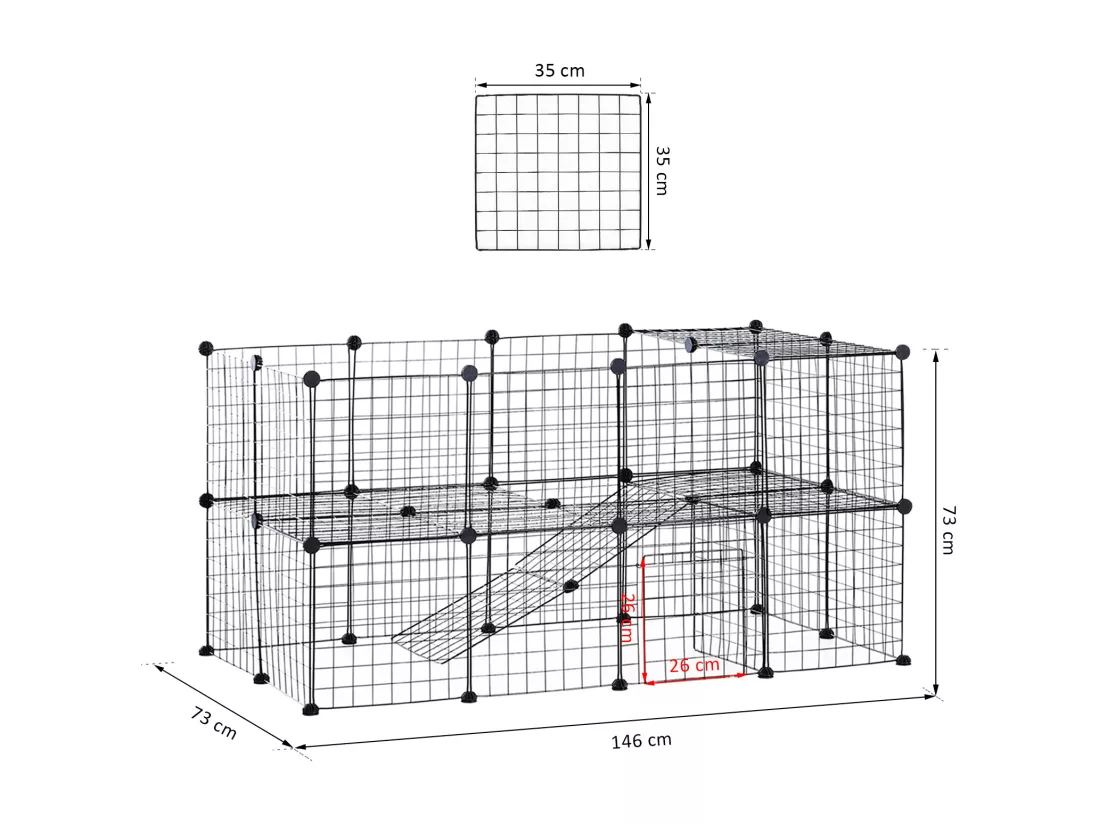 Cage parc enclos pour animaux domestiques L 146 x l 73 x H 73 cm modulable 2 niveaux 36 panneaux bords arrondis fil métallique noir