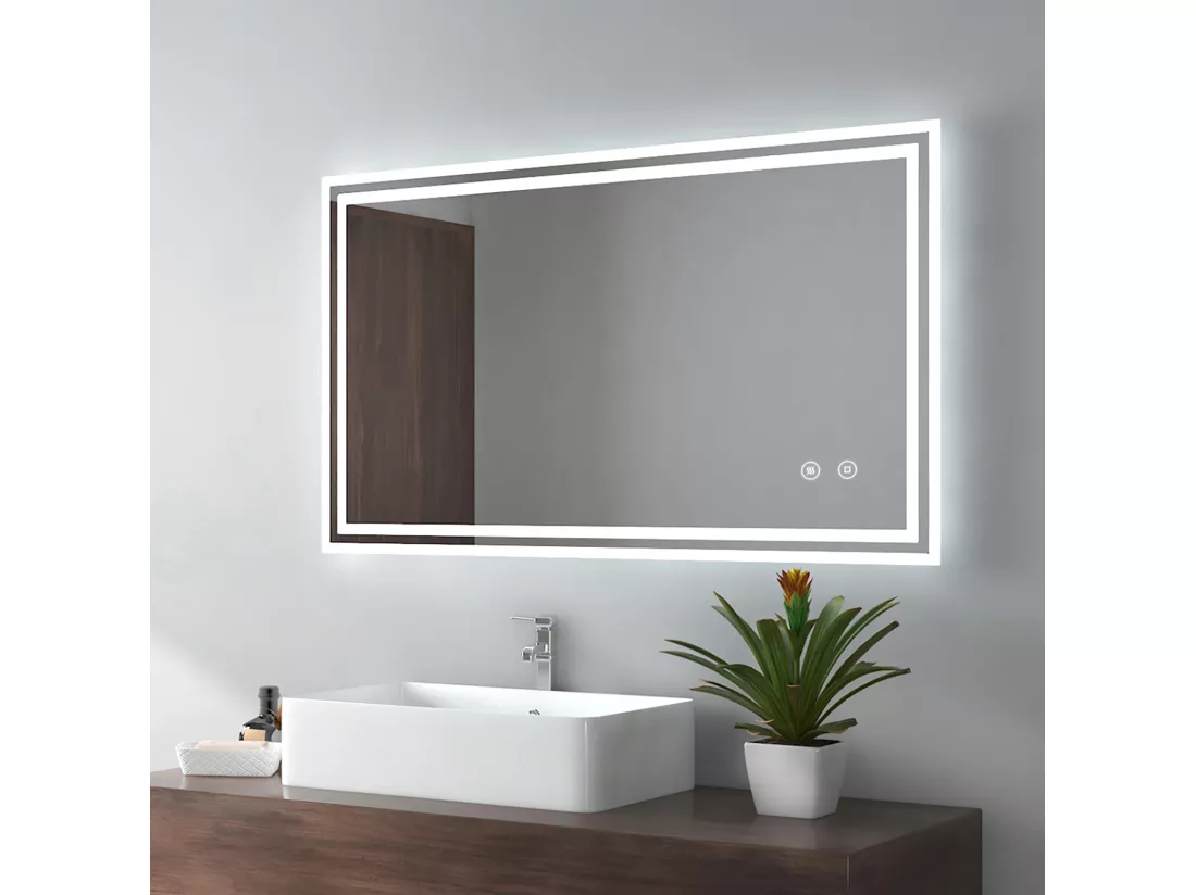 EMKE Miroir lumineux salle de bain 60x100cm, Miroir avec l'éclairage, Interrupteur Tactile, Anti-buée, Miroir LED avec Lumière Blanche Froide