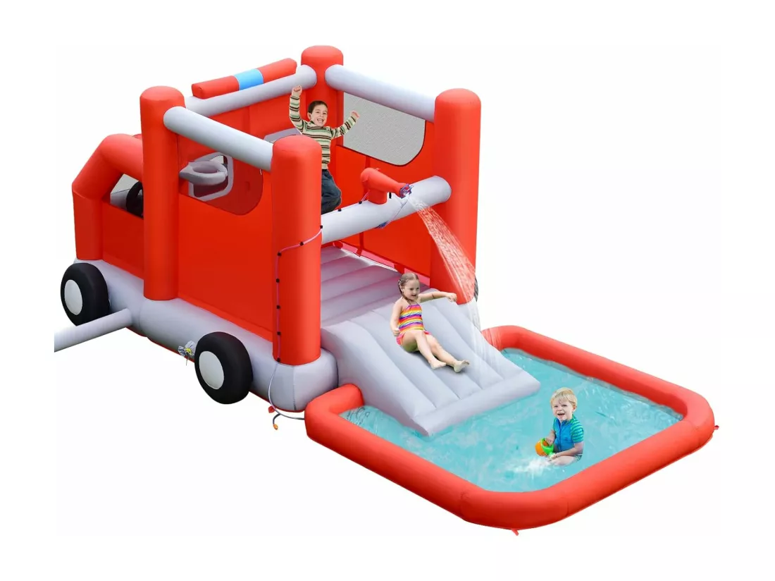 Toboggan Aquatique Gonflable pour Enfants sur Le Thème Voiture de Pompiers avec Piscine à Eclaboussures, Zone de Rebond,Ballon de Basket sans Gonfleur