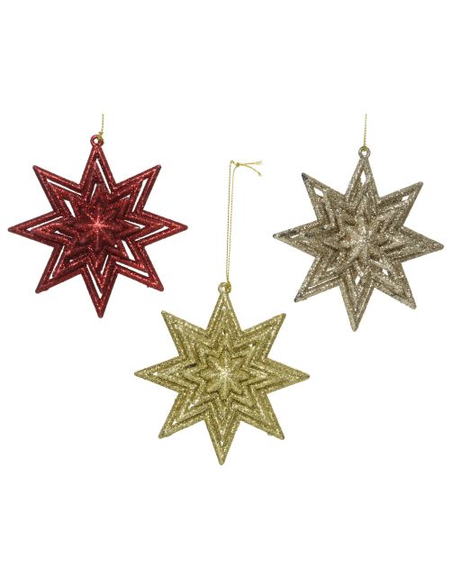 Decoris Glitterhanger Ster - Kerstversiering - 3x11x11 cm Assorti
