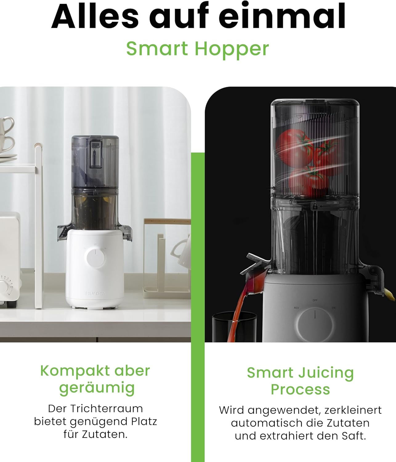 Hurom Slow Juicer | Entsafter Gemüse und Obst | H310 | Leicht zu Reinigen & Leiser Motor Elektrischer Entsafter mit Siebfilter | 150 Watt | BPA Frei | Schlankes Design | 220ml, Weiß