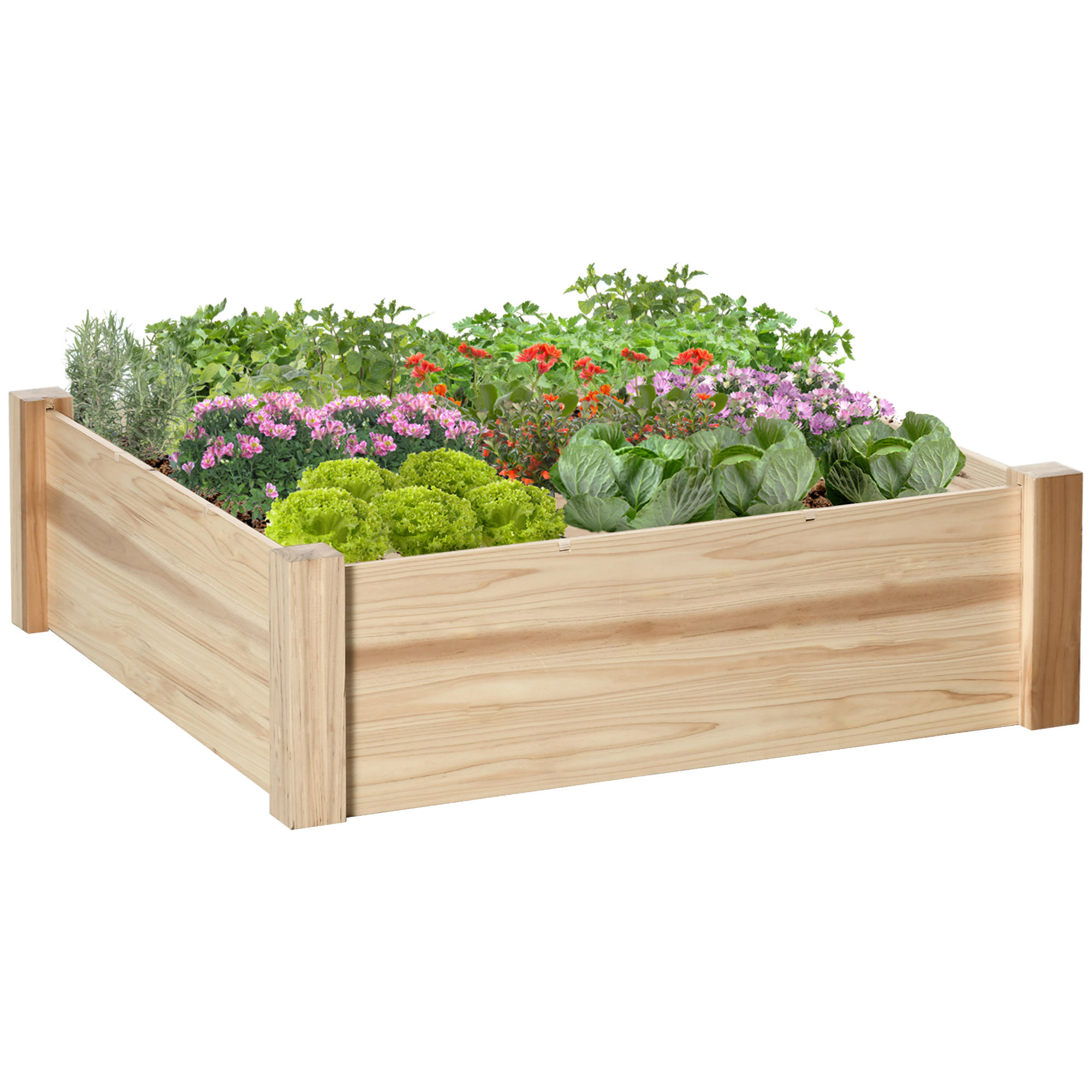 Jardineira urbana quadrada de madeira Outsunny, 90x90x28 cm, com 9 compartimentos removíveis, ideal para o cultivo de plantas e flores, cor natural.
