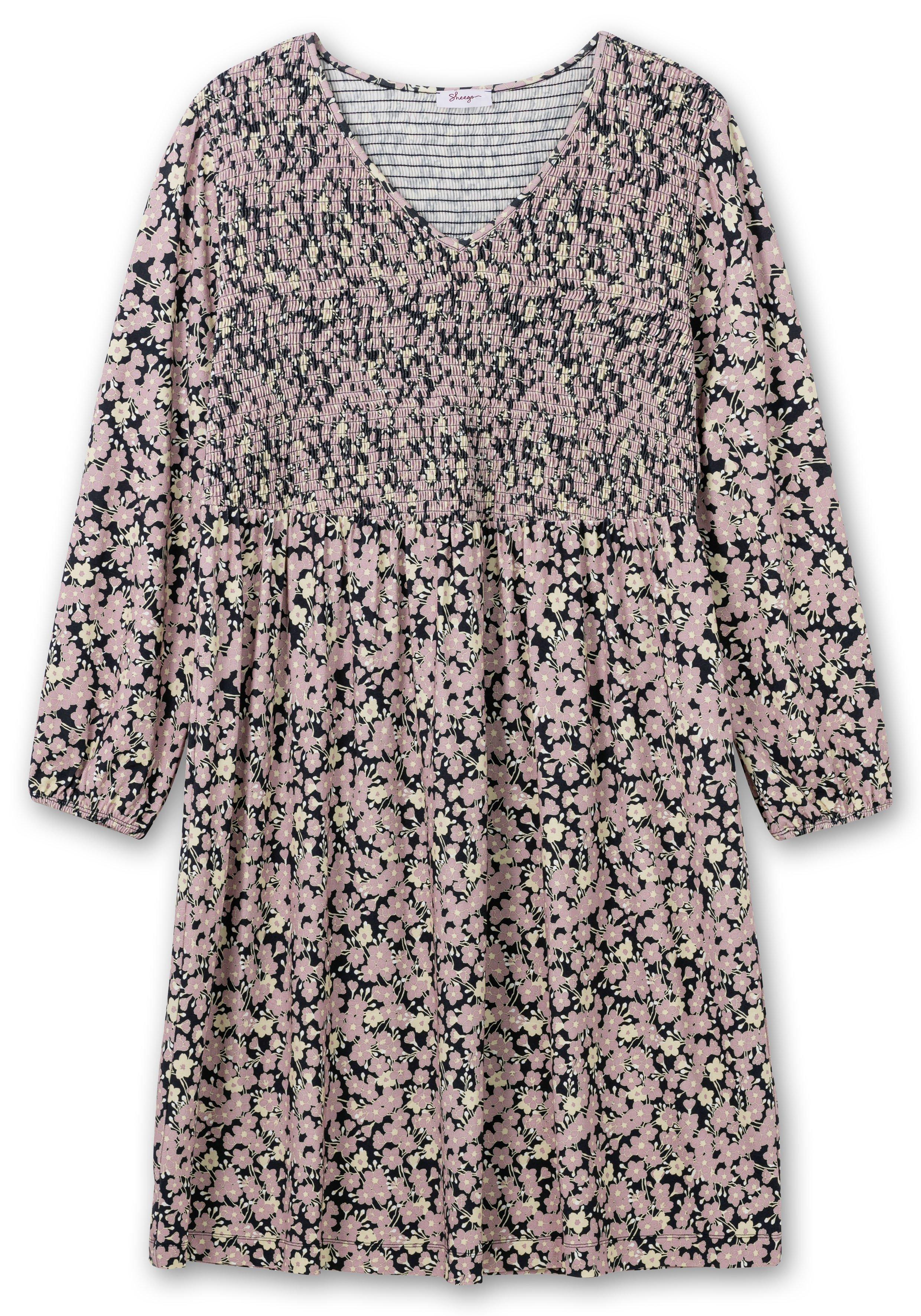Jerseykleid mit Alloverdruck und Smok-Oberteil