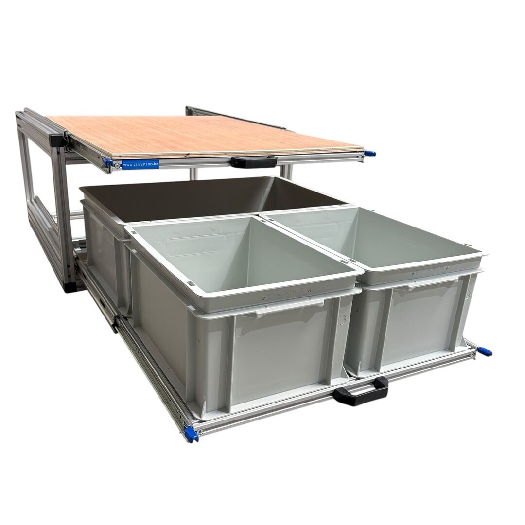 Aluminium dubbel schuifplateau met 3 open bakken - 80 x 60 cm