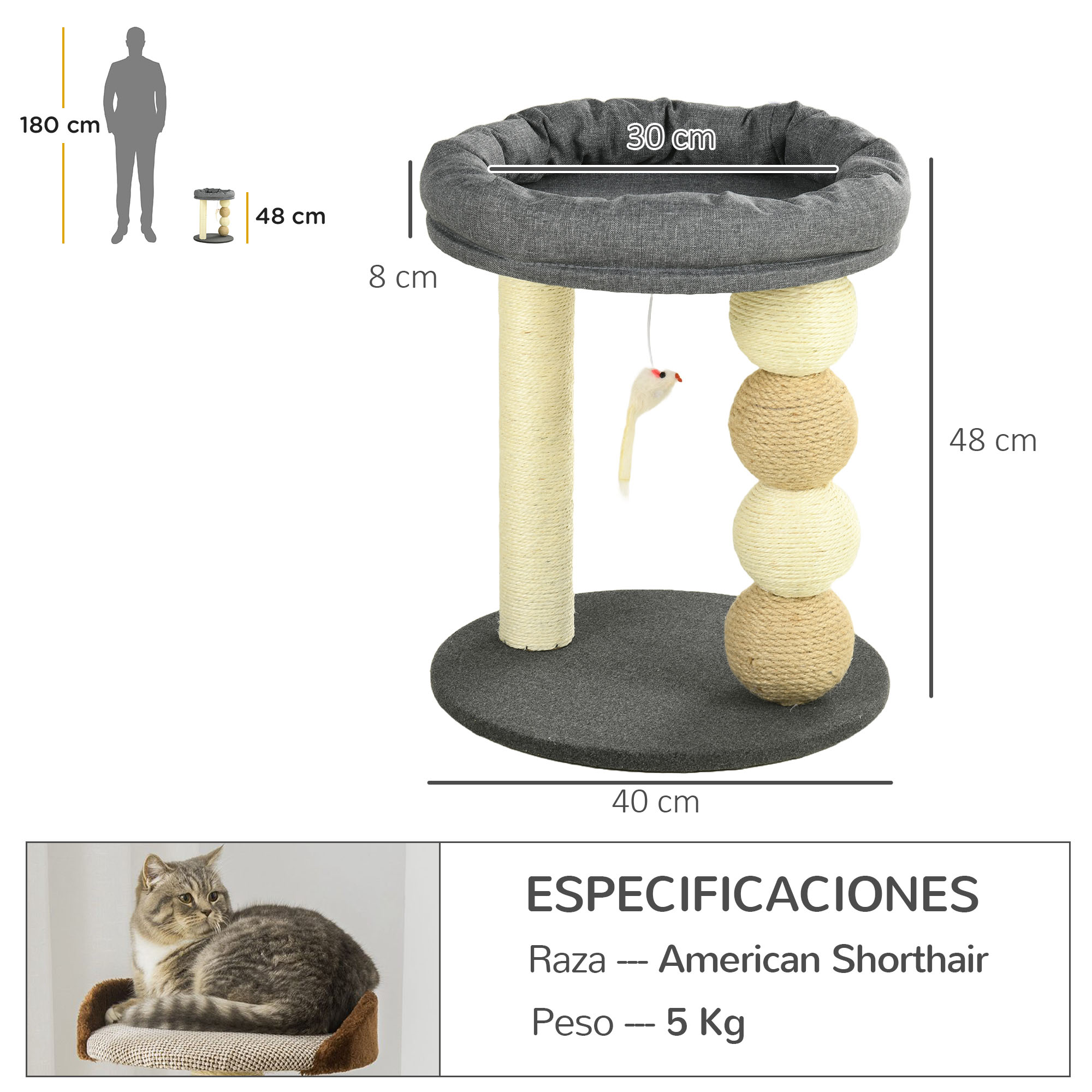 Arranhador PawHut para Gatos Pequenos, Torre para Gatos, Centro de Atividades para Gatinhos com Ninho, 4 Bolas e Poste de Sisal, Capacidade de Carga de 15 kg, Ø40x48 cm, Cinza e Bege