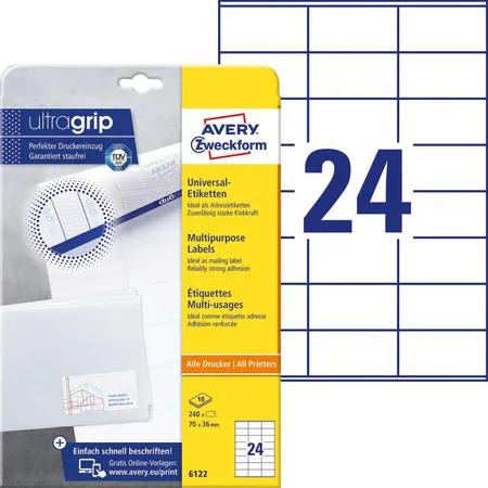Avery Zweckform 6122 Universal-Etiketten,A4 mit ultragrip,Adressaufkleber 70 x 36 mm, 10 Bogen/240 Etiketten, weiß