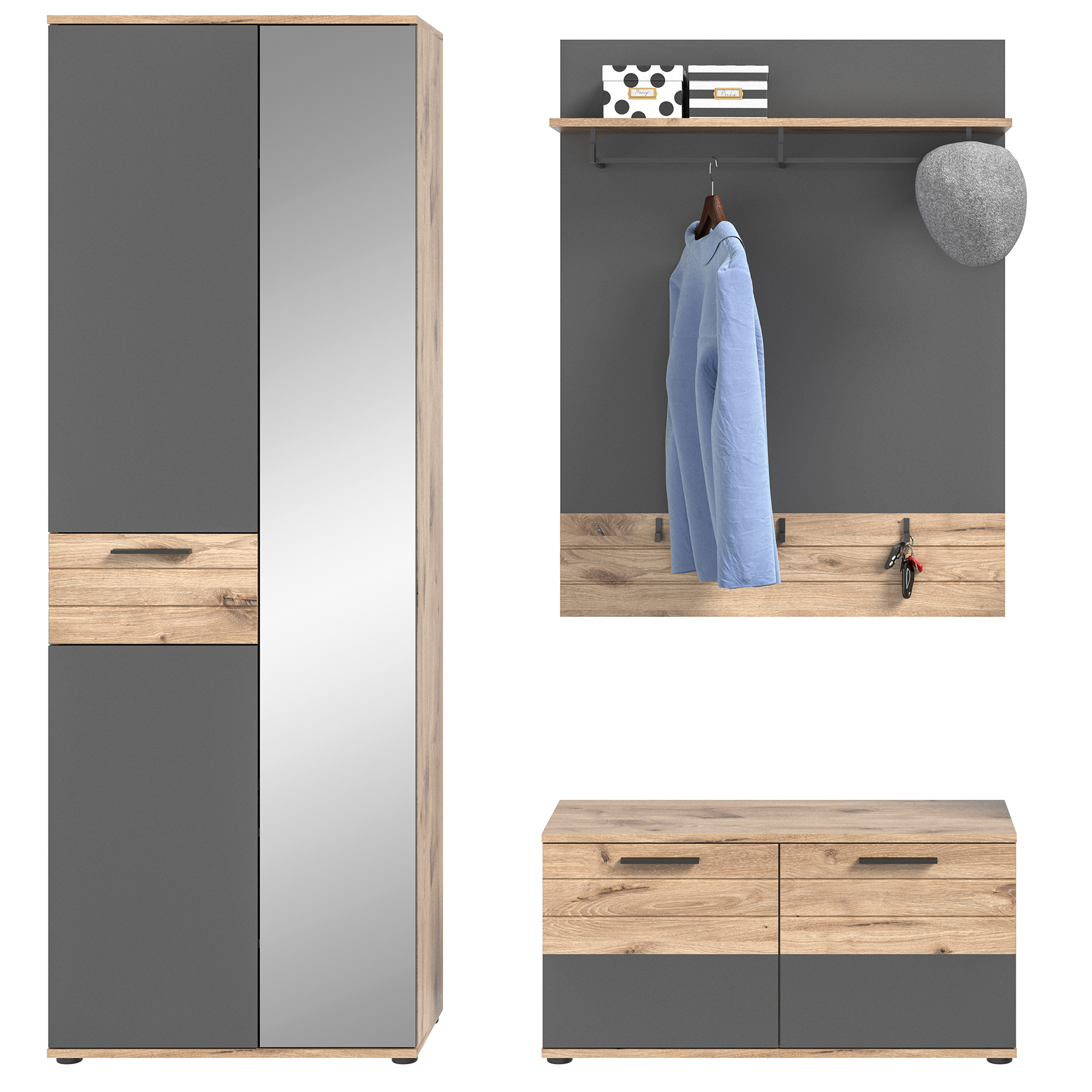 3-teiliges Set Garderobe MASON - Nox Oak-Basalt grau