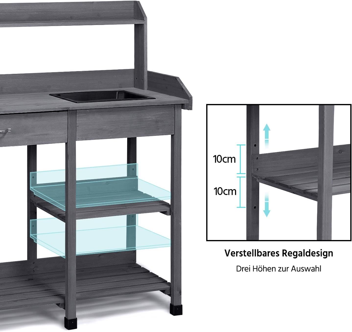 Yaheetech Pflanztisch mit Waschbecken, Blumentisch Gärtnertisch Holzpflanztisch mit Schubladen & Verstellbaren Ablagefläche & Haken, aus Wetterfest Holz für Terrasse Garten, Grau