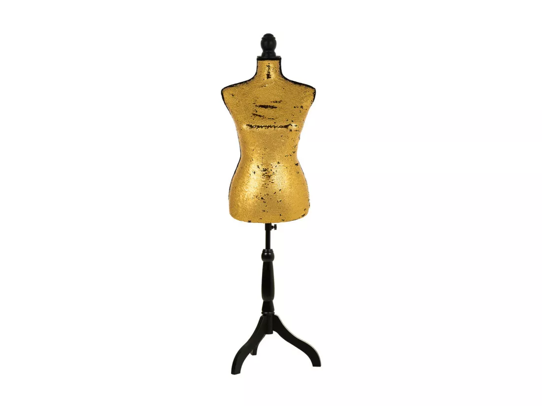 Mannequin en bois et mousse habillé de tissu doré 24x37,5x168h