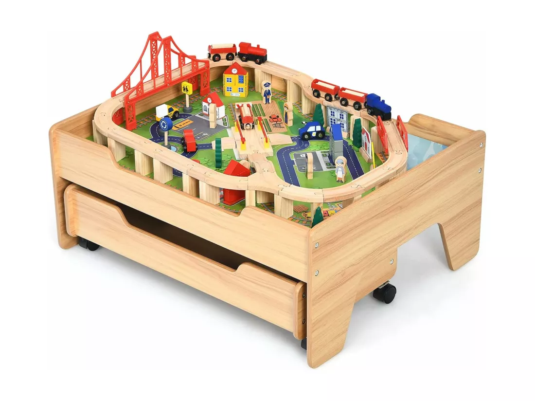 Circuit Voiture Enfant 100 Pcs avec Table d'Activités, Tiroir à Roulettes Verrouillables Jouet Educative pour 3 Ans +