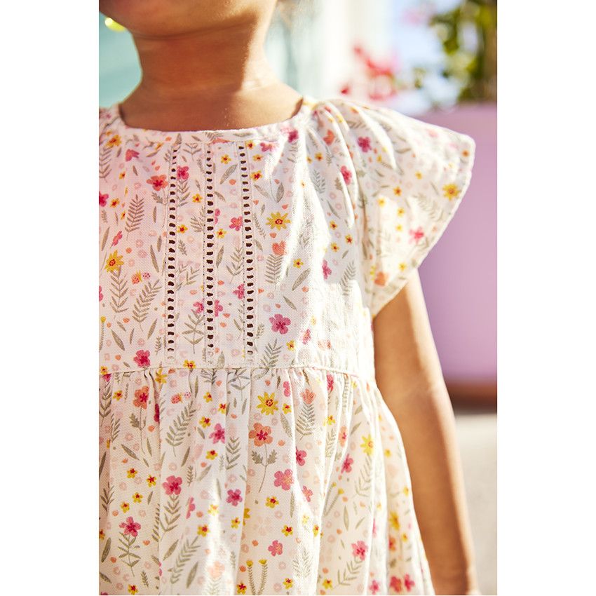 Robe en popeline imprimé fleuri pour fille - Ecru