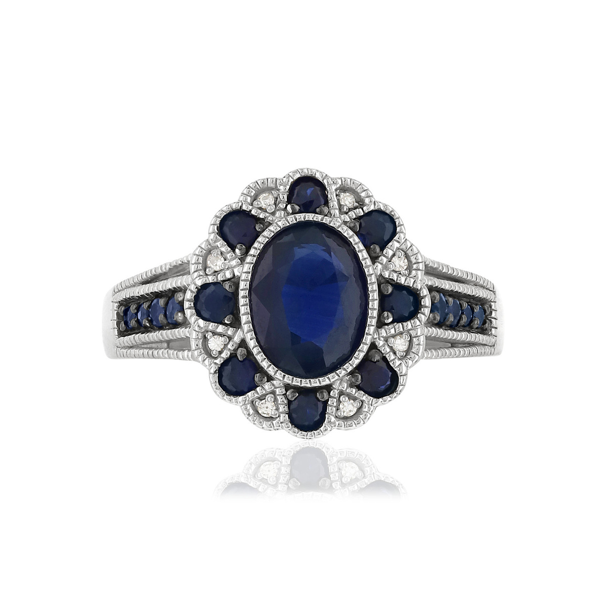 Bague or 750 blanc fleur saphirs et diamants