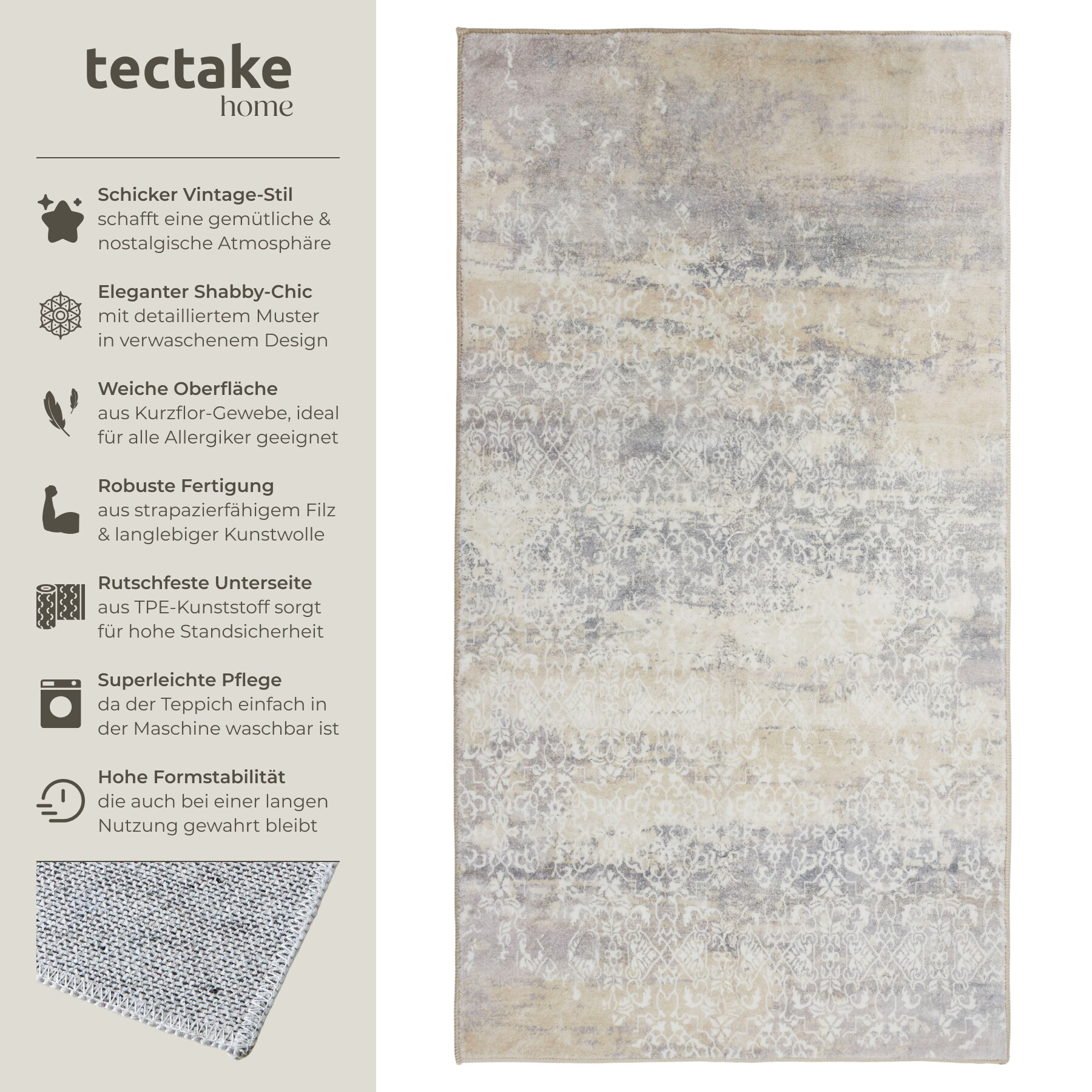 tectake® Vintage Designer Teppich, verschiedene Größen, pflegeleichter, flauschiger Kurzflor, rutschfeste Unterfläche