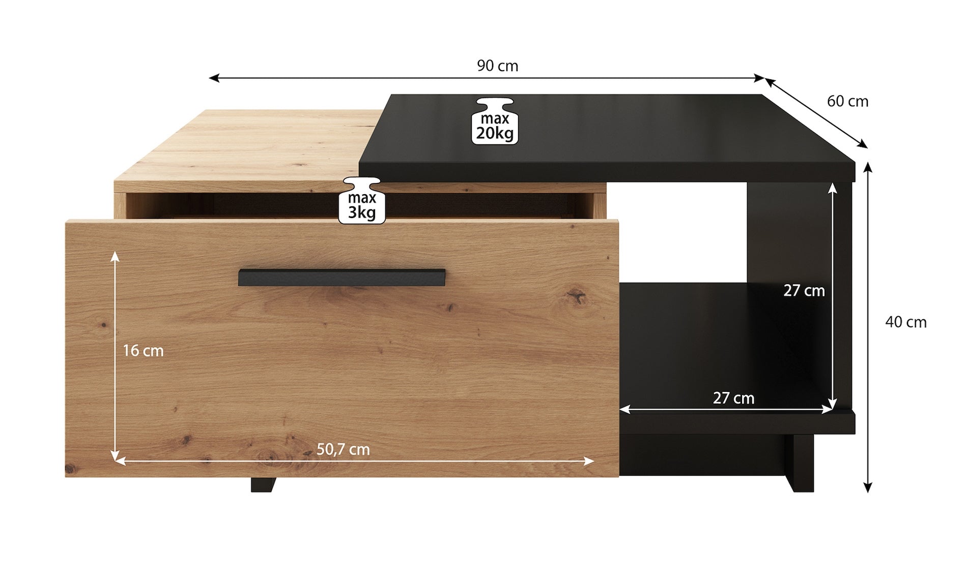 Incala - Salontafel 2 lades - Eiken/zwart - 90x60x40 cm