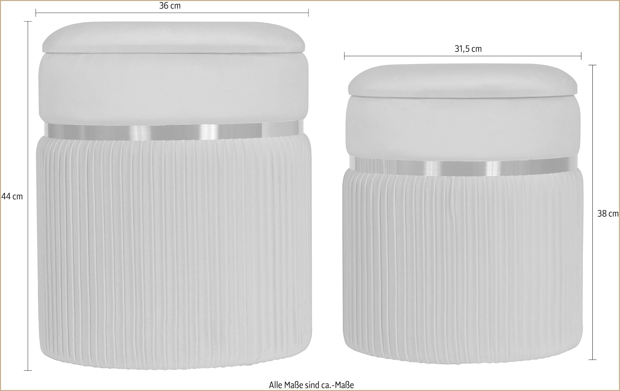 Kayoom Polstergarnitur »Hocker Zora 325 2er-Set, samtweicher Stoffbezug,runde elegante Form« Set, Hocker 1: B 36 /H 44/ T36 cmHocker 2: B 31,5 /H 38/ T31,5 cm, 2 Stk. tlg. edles Design mit Metallring, gepolstert, mit Stauraum