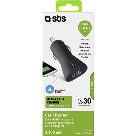 SBS biloplader 10W USB-C USB 2.1A - sort