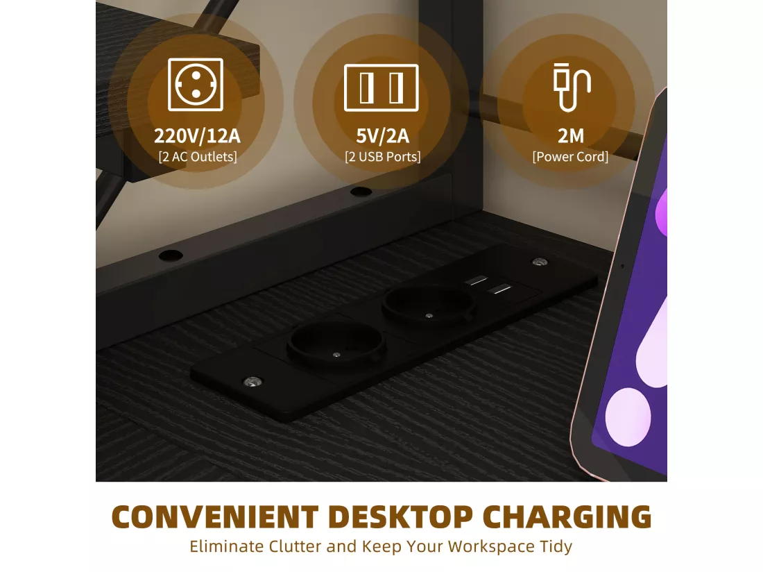 YITAHOME Bureau de Jeu avec Étagère - LED - Bureau avec 2 Prises et 2 Ports de Charge USB - Table avec support d'écran -106cm - Noir
