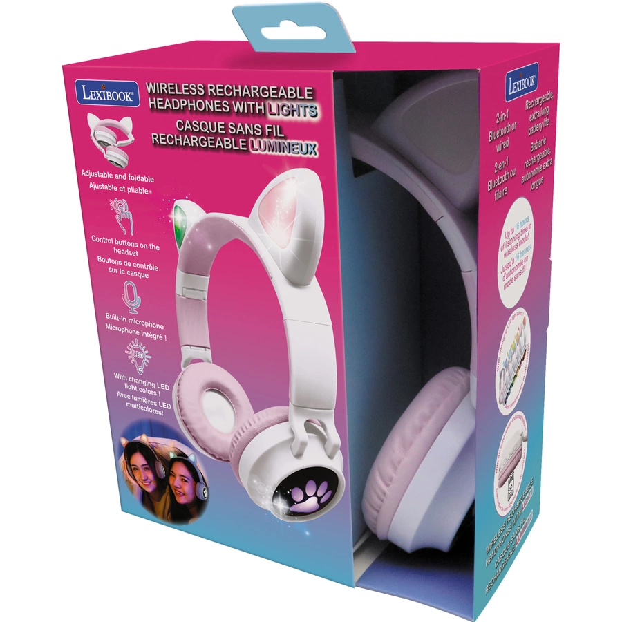 LEXIBOOK Katzenohren 2in1 Bluetooth- und Kabel-Kopfhörer mit Lichtfeffekten