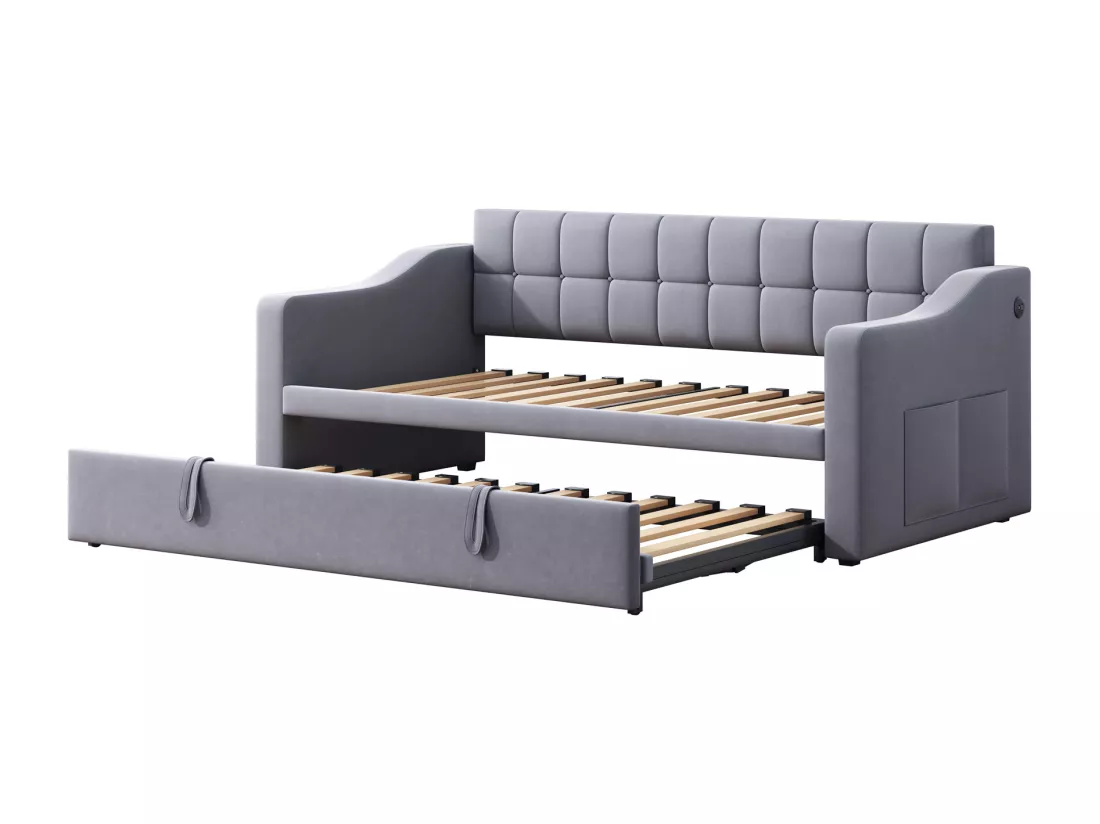 Canapé-lit capitonné 90/180x190 cm - Velours - Avec sommier - Avec housse de rangement - Gris (sans matelas)