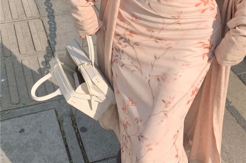 Maisee - Effen lange cardigan / spaghettibandjes bloemen midi-jurk