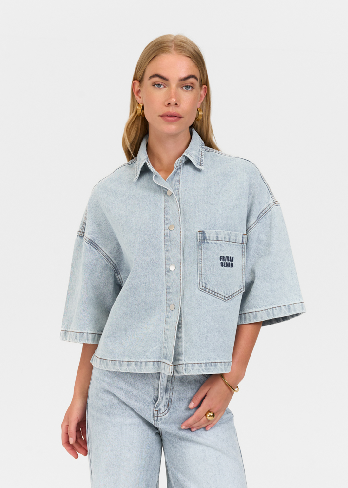 Denim blouse korte mouw sky blauw