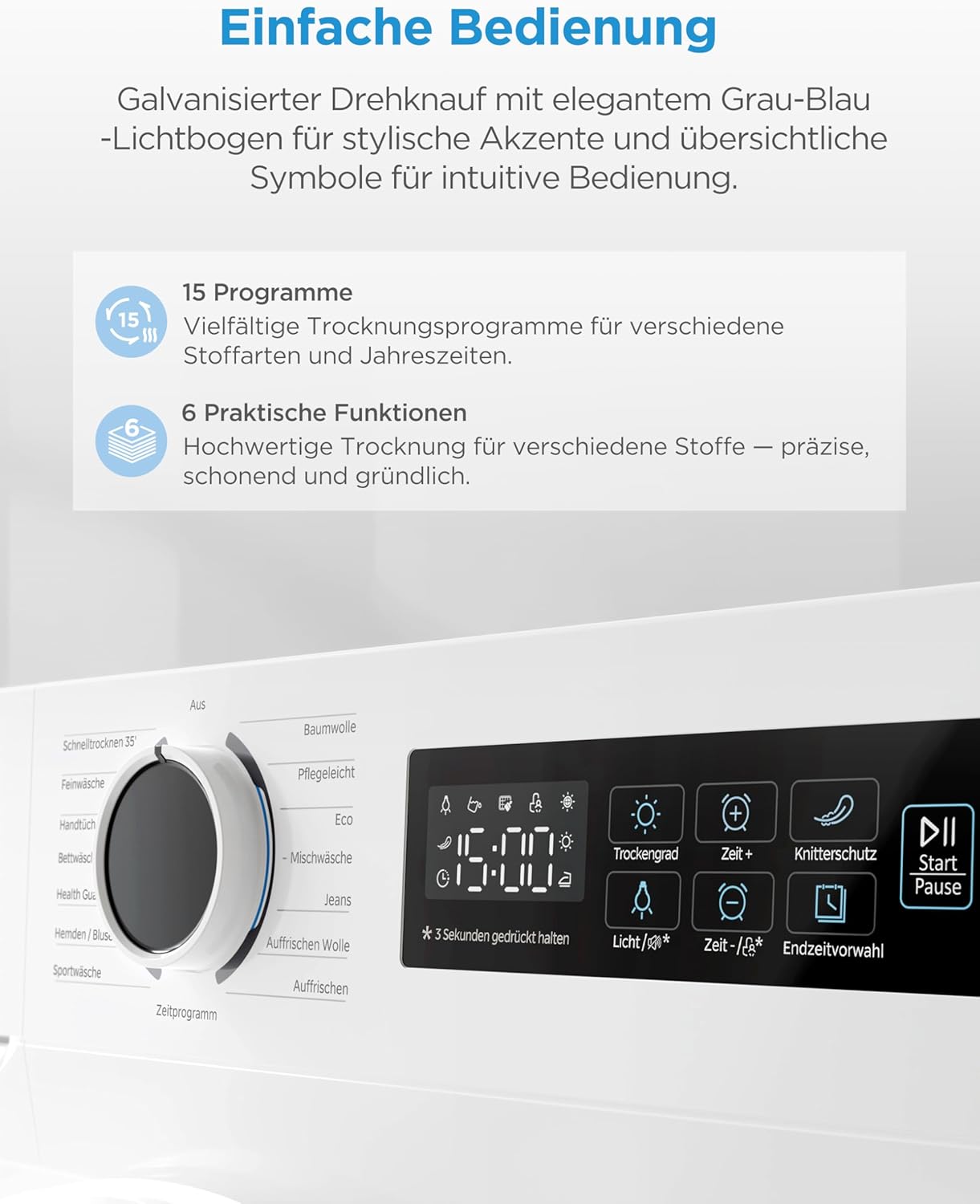 Midea MD11EH70BD Wärmepumpentrockner, 7 kg, Energieklasse D, Schnelltrocknen 35', HealthGuard, Sensor-Trocknung, Auffrischen,Knitterschutz, Auffrischen Wolle, Weiß