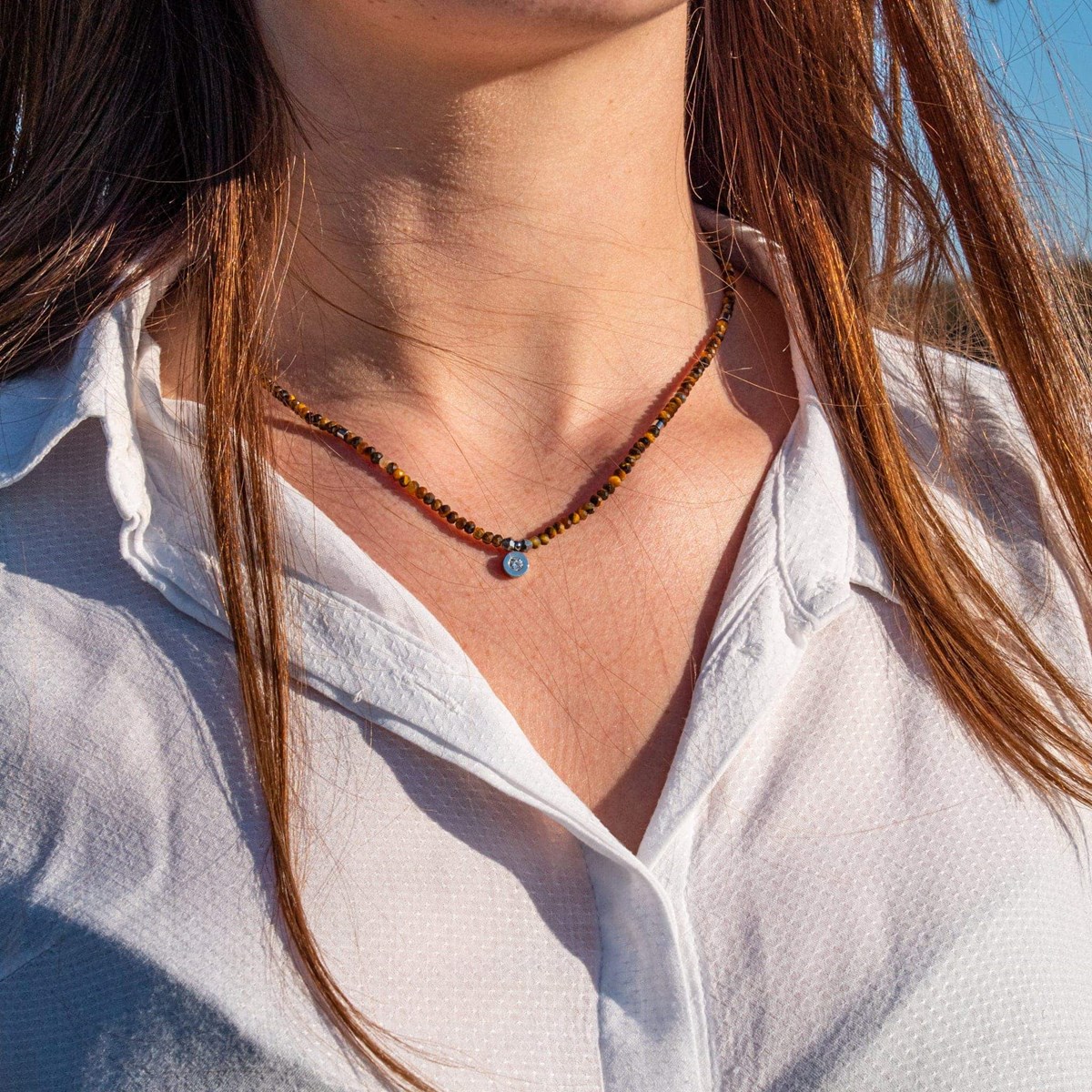 Collier, bracelet et boucles d'oreilles Lumia en pierres Oeil de Tigre