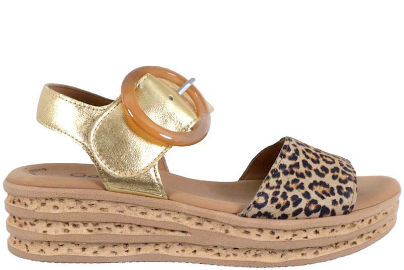 GABOR SANDAL MED PLATEAU I GULD SKIND OG LEOPARDPRINT