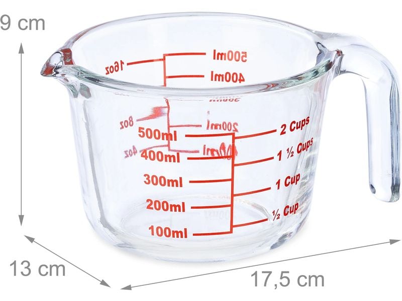 relaxdays Messbecher 500 ml, Rot/Transparent Glasmessbecher