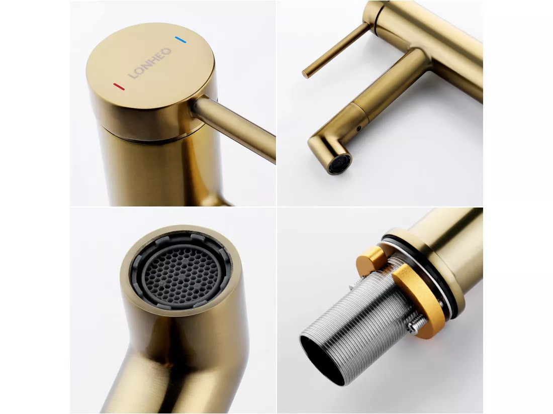 2pcs Robinet de Lavabo Bec Rotation 360°, Mitigeur à Eau Chaude et Froide pour Vasque, Robinet de Salle de Bain avec Barboteur Démotable, Doré
