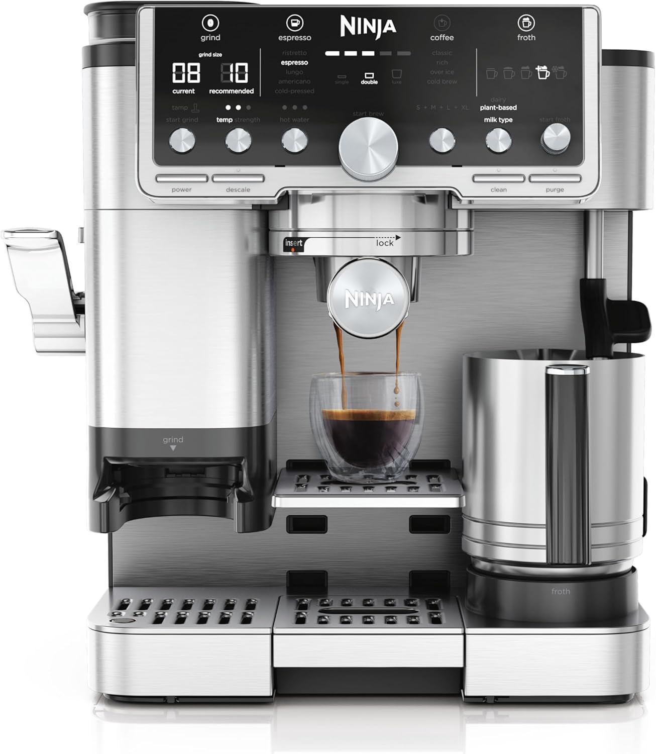 NINJA Machine à café Luxe Essential 2-en-1, Latte, Cappuccino et Espresso avec broyeur à grains et mousseur à lait intégrés, facile à utiliser, 2 préréglages mousse, argent, ES501EU