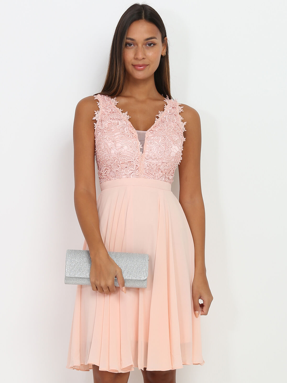 Robe patineuse broderie et perles grandes tailles- Rose