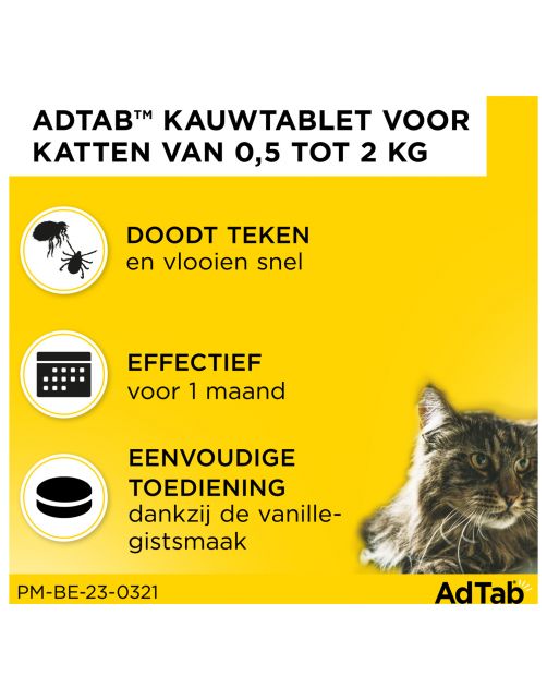 Adtab Kauwtablet Voor Katten - Anti vlooien en tekenmiddel - 3 tab 0.5 - 2.0 Kg