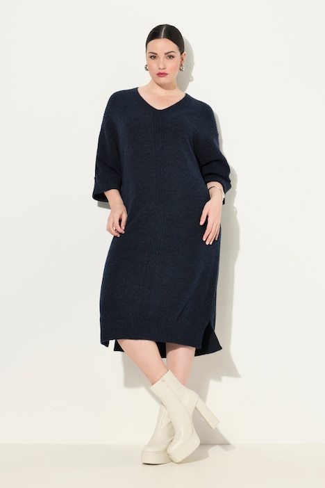 Strickkleid, Rippeinsätze, V-Ausschnitt, Halbarm,