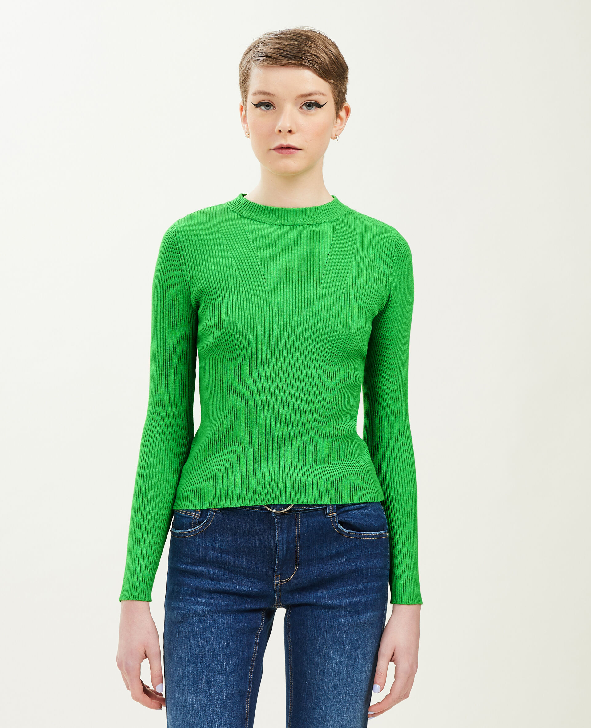 Pull col rond maille côtelée - Vert