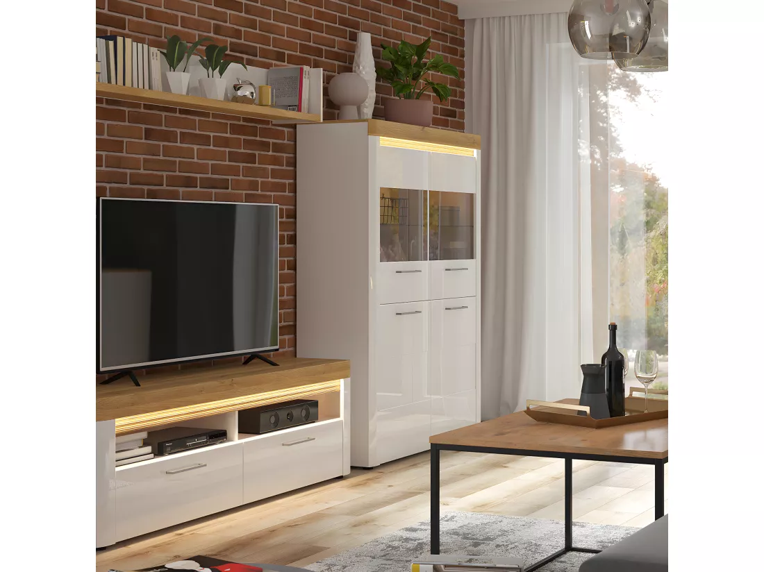 Vaisselier 4 portes avec LED Nara Blanc et Bois