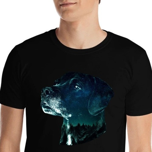 Camiseta Mascochula Masculina Noite Estrelada Personalizada com Seu Animal de Estimação Preto