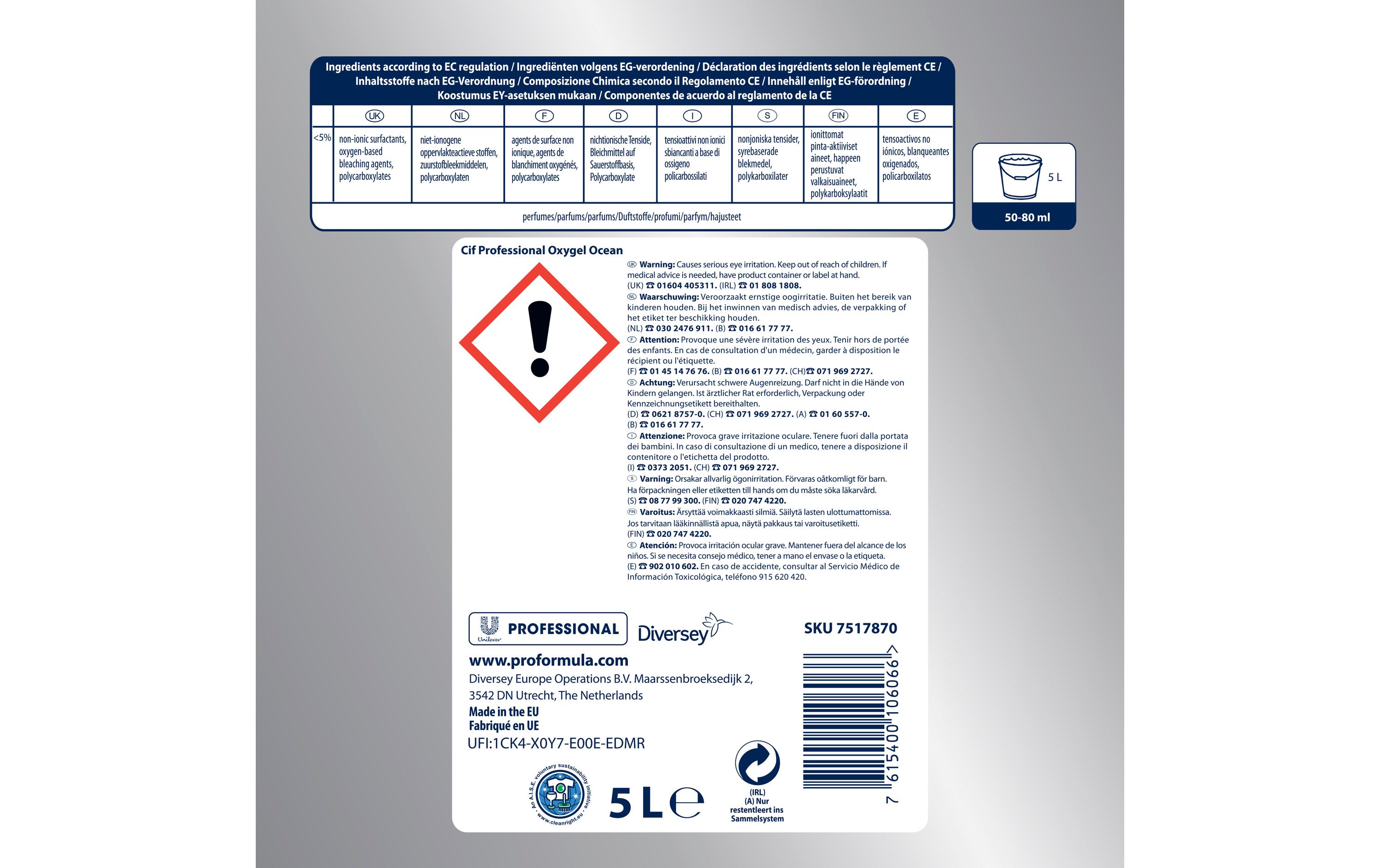Allzweckreiniger Cif Professional Oxy Gel Ocean 5 lFlüssigreiniger für Böden, Wände, Fliesen, Laminat, Kunststoff und andere wasserfeste harte Oberflächen