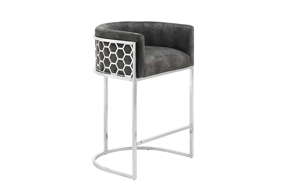 Stilvoller Barhocker ELEGANCE grau Samt silber Edelstahl mit Armlehne und Fußablage