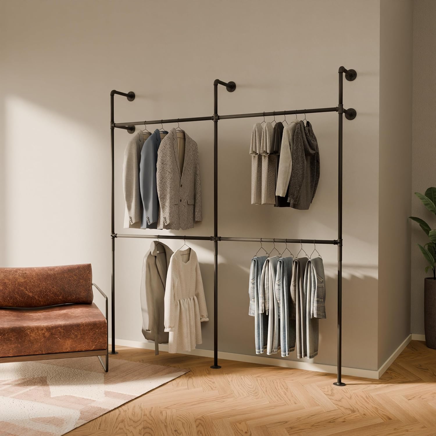 pamo Kleiderstange Wandmontage 201 x 222 cm - Begehbarer Kleiderschrank offen Kleiderständer industrial schwarz aus Metall Wasserrohren - 360 kg Traglast