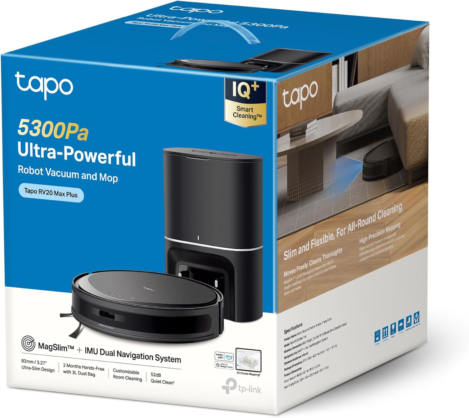 Tapo RV20 Max Plus Saugroboter mit Wischfunktion und automatischer Absaugstation, 5300Pa Ultra-Starke Saugkraft, 83 mm Ultra-schlank, kompatibel mit Alexa & Google Assistant Sprachsteuerung, App