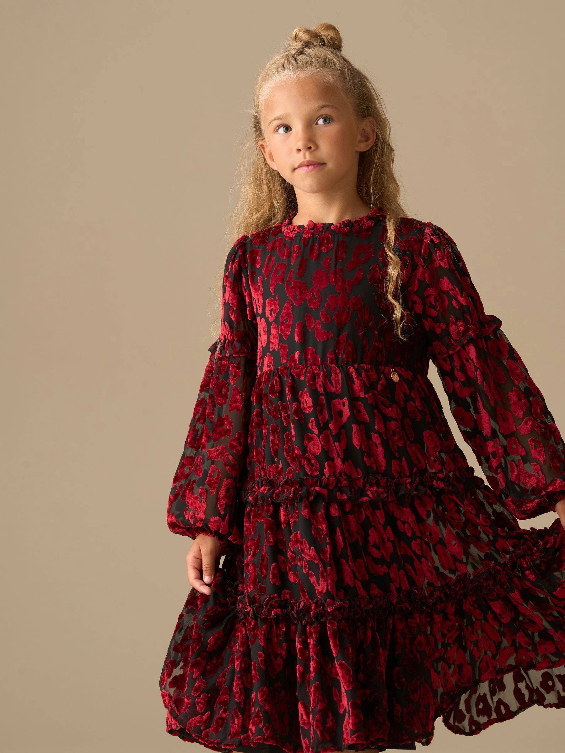 Rood - Angel & Rocket Poppy Devore Velvet Tiered Dress