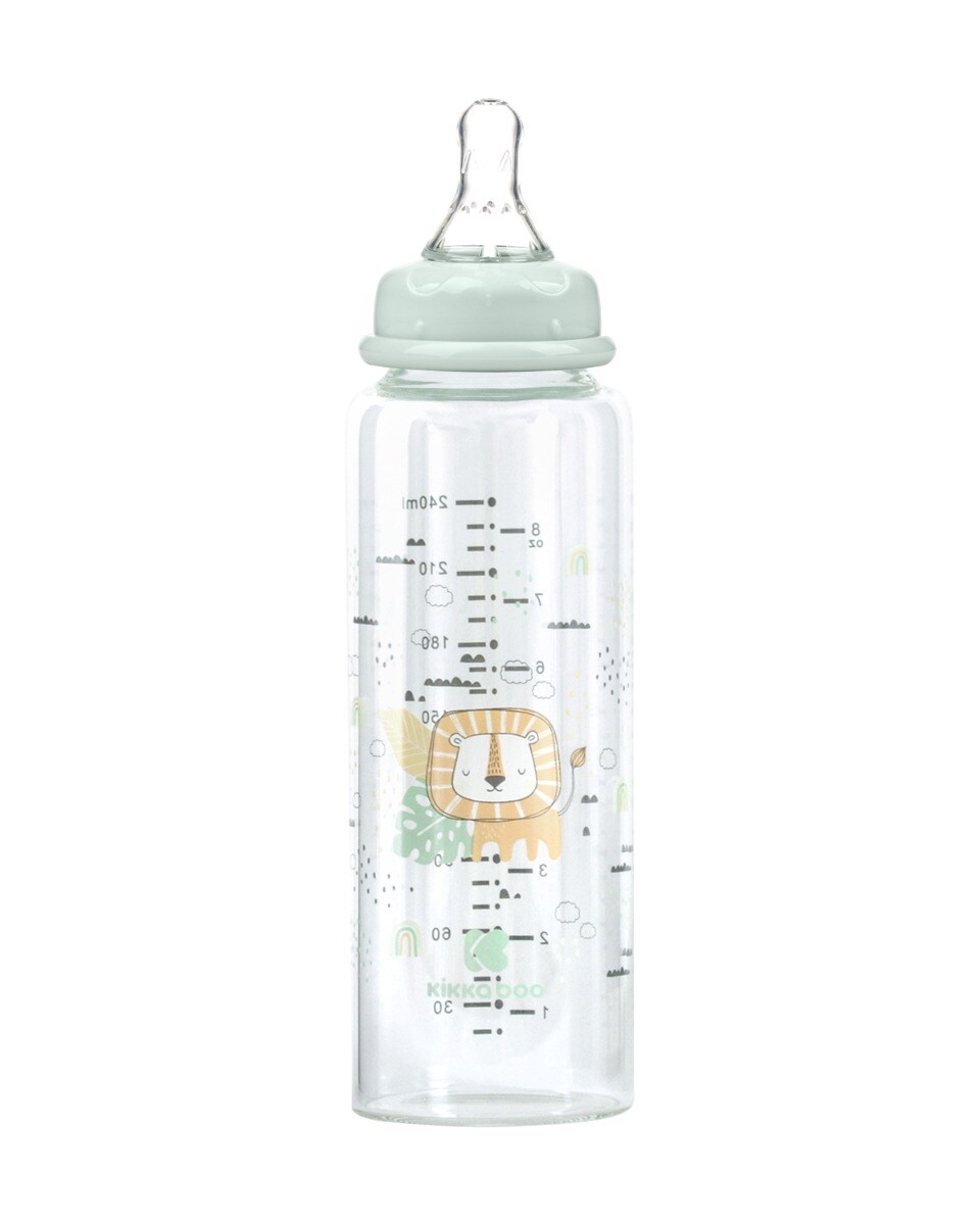 Kikkaboo Baby Glasflasche Savanna 240 ml, Silikonsauger Größe M, Anti-Kolik grün