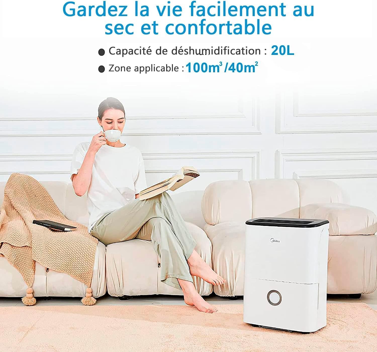 MIDEA Deshumidificateur d air electrique 20L - Adsorbeur d'humidité pour la maison, salle de bain, cave et garage - Surface de travail 40 m2 - Déshumidificateurs Anti Moisissures et Anti Humidité