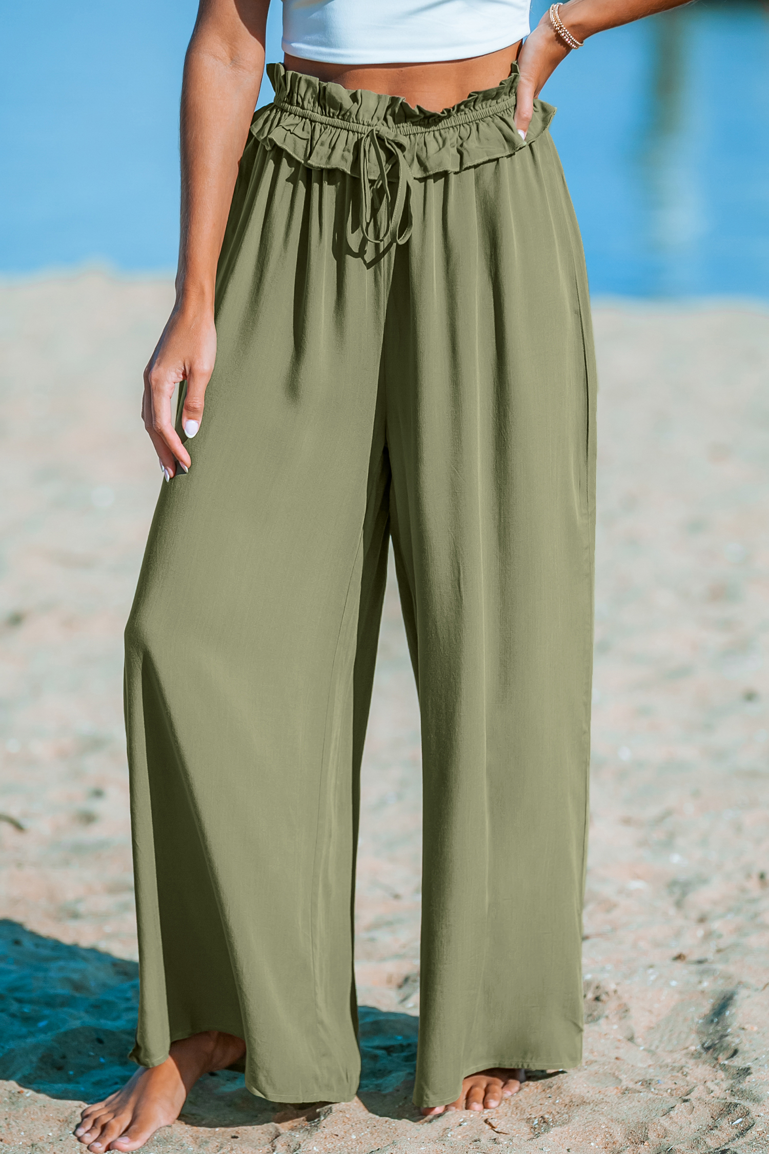 Pantalon large taille froncée olive