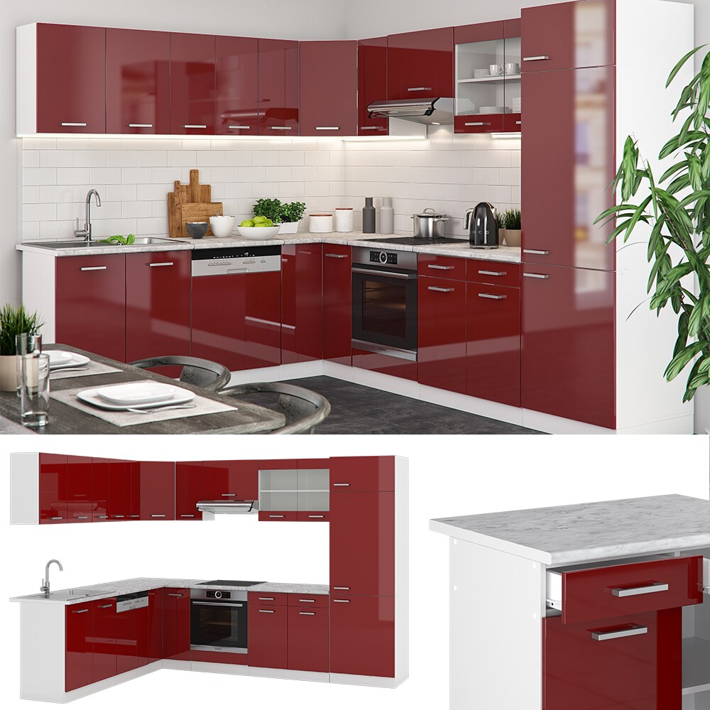 VICCO KÜCHENZEILE R-LINE ECKKÜCHE WINKEL KÜCHE EINBAU ROT BORDEAUX HOCHGLANZ