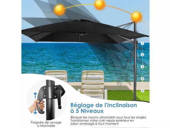 Parasol Déporté Pliable, Parasol de Jardin Extérieur Ø 3M, 3 Réglages d'Inclinaison Rotation à 360°, avec Base Croisée, Protection UV, Event pour Jardin, Terrasse