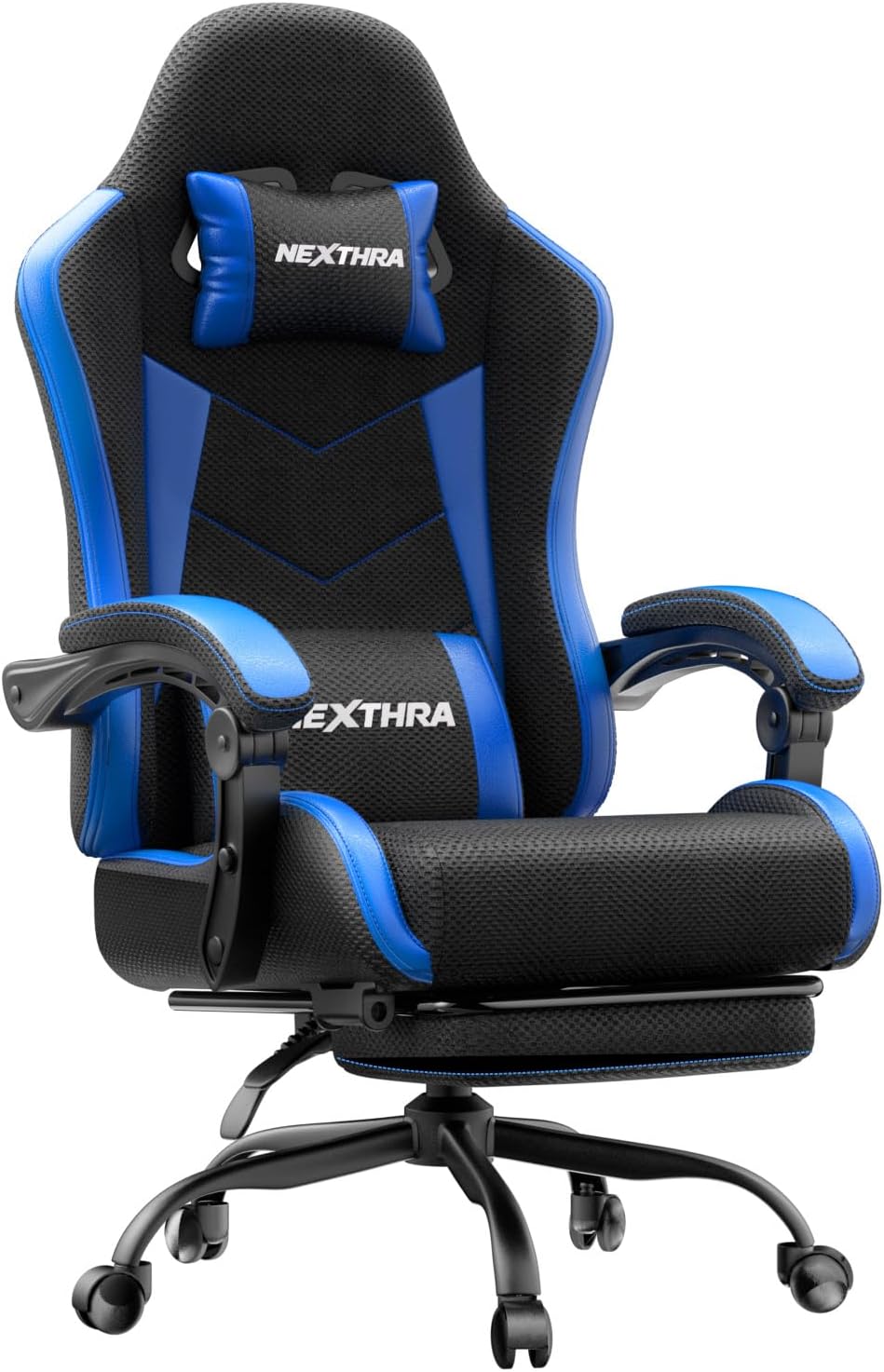 Nexthra Gaming Stuhl Bürostuhl Gaming Sessel mit höhenverstellbaren Linkage-Armlehnen, ergonomischer Gamer Stuhl mit Fußstütze, gepolstert Gaming Chair 150° neigbar bis 180 kg, Blau
