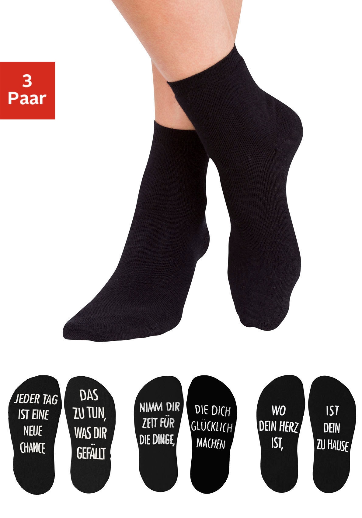Arizona Kuschelsocken Packung, 3 Stk. tlg. mit Antirutsch in Form eines Spruches